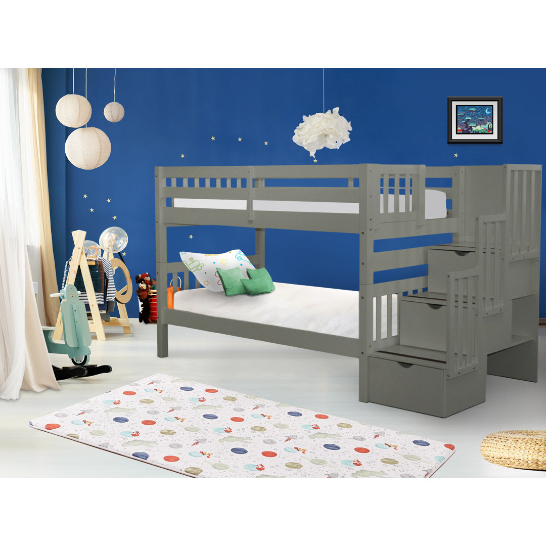 Tena Twin over Twin 3 Drawer Solid Wood Standard Bunk Beds with Stairway Harriet Bee 