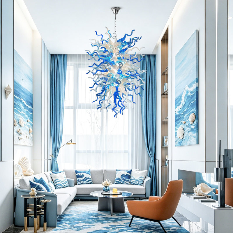 Grand lustre bleu luxueux en verre soufflé à la main avec ampoules, 9