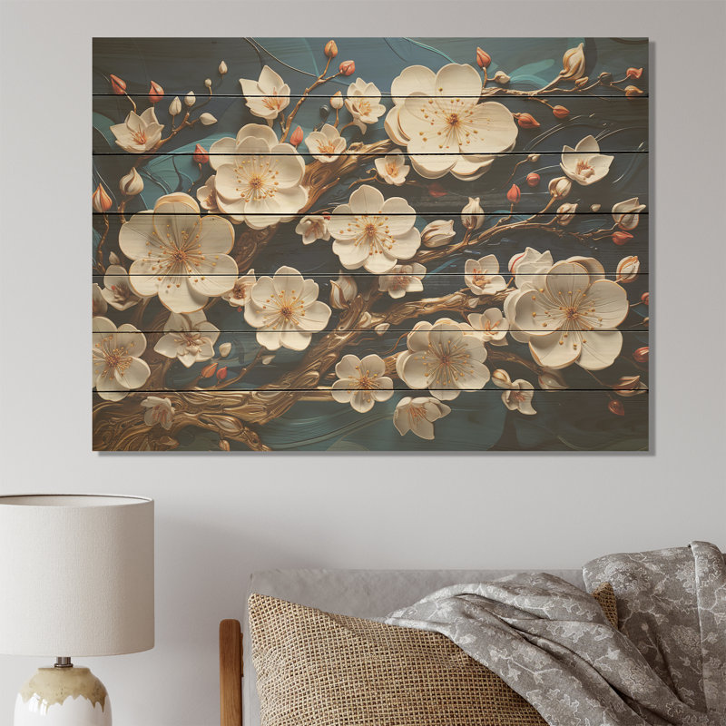 Orchidée blanche dorée et bleue, arbre III - motif floral abstrait sur bois, H 10 po x l 20 po