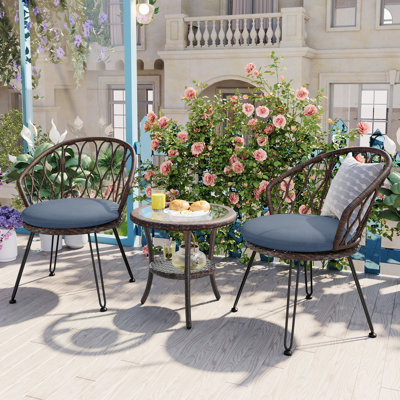 Outdoor Leisure Set, 2 Rattan Single Chairs With A Glass Round Table by Dakota Fields