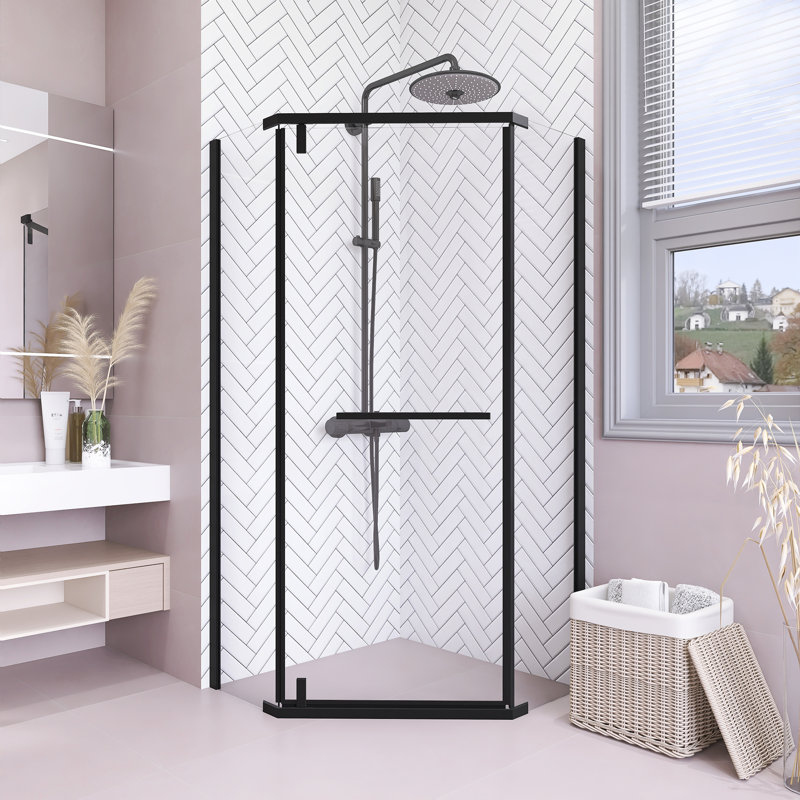 36" W X 36" D X 72" H Semi-Frameless Neo-Angle Corner Shower Door With Towel Bar And Clear Tempered Glass, Black