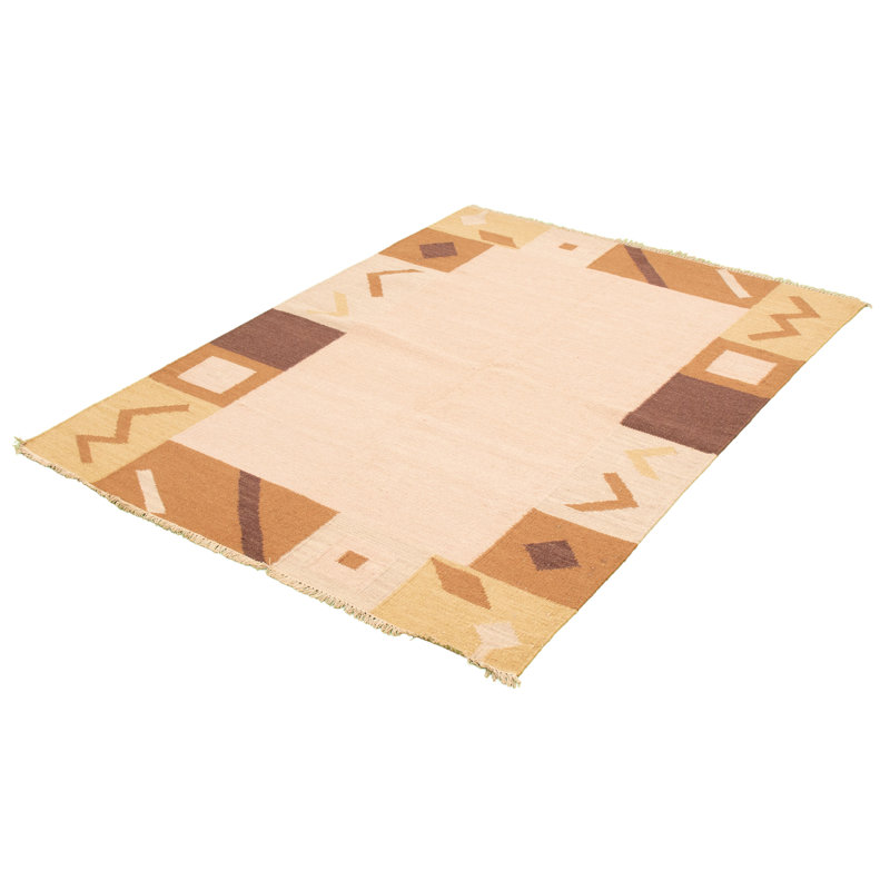 Tapis décoratif beige en laine noué à la main de conception unique 6 pi 3 po X 8 pi 8 po noué à la main New Age