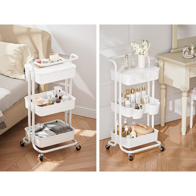 White 3-Tier Rolling Utility Cart with Table Top and Hooks