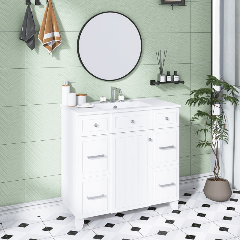 36 pouces Meuble-lavabo blanc avec lavabo en céramique | Structure en bois massif | Portes à fermeture en douceur | Tablettes réglables | 3 tiroirs | Comprend un tiroir à double profondeur pour le rangement du sèche-cheveux