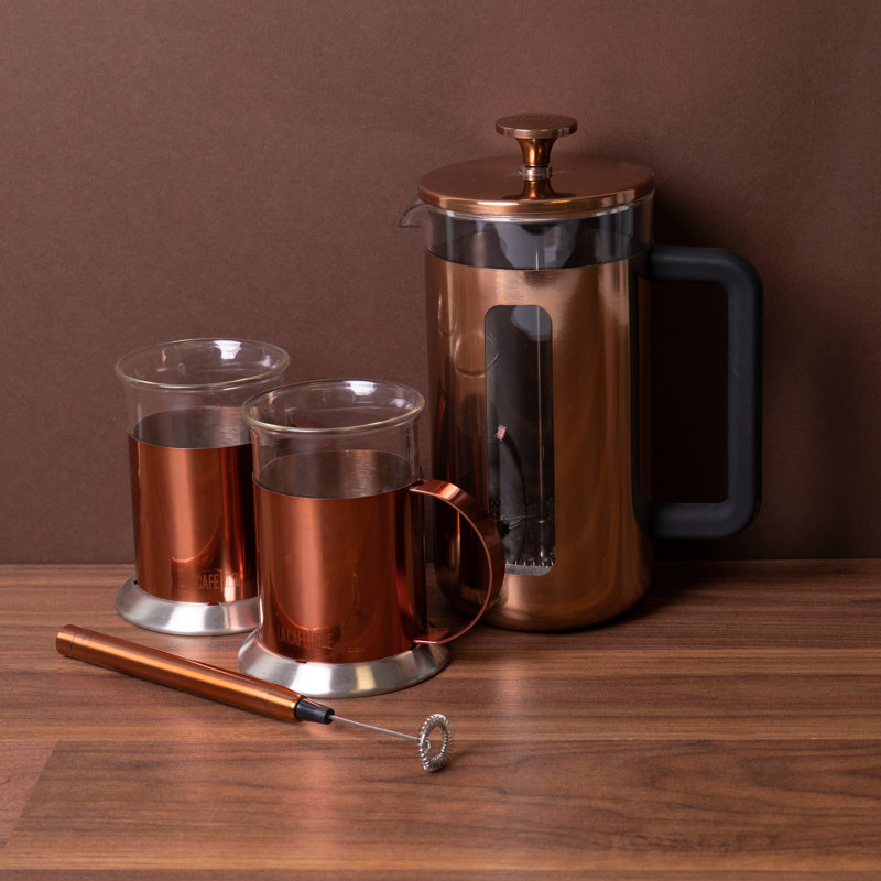 La Cafetière 3pc Set with Copper Pisa 8-Cup Cafetière, Milk Frother and 2x Copper Coffee Mugs