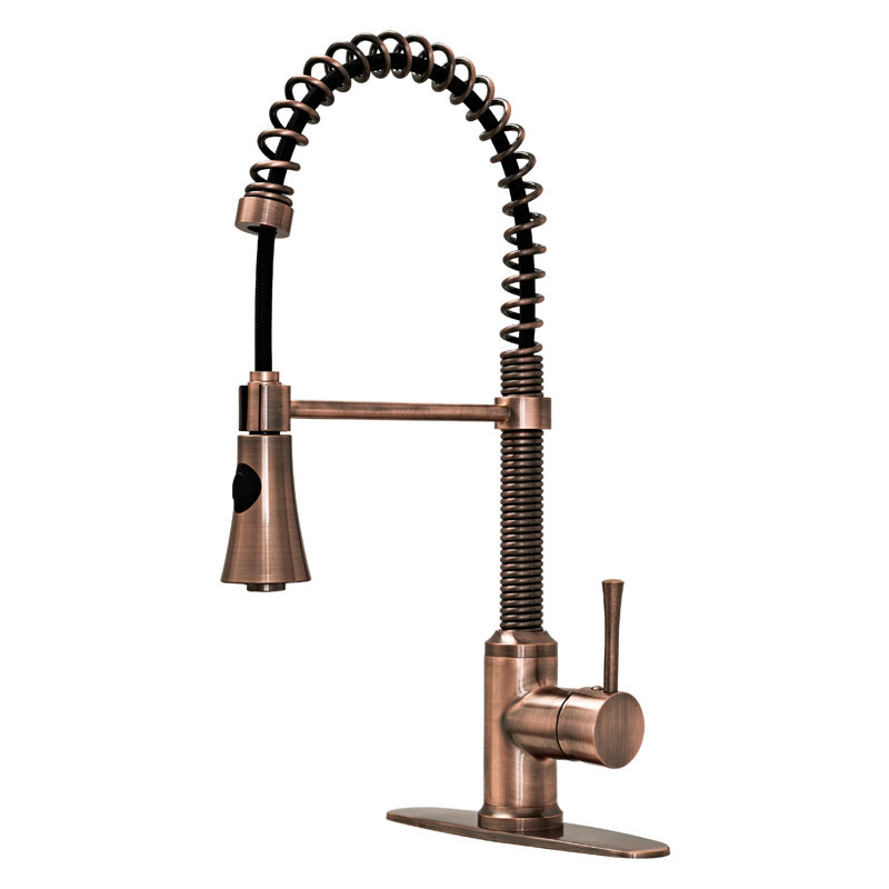 Robinet de cuisine rétractable à poignée simple avec plaque de pont, Cuivre antique
