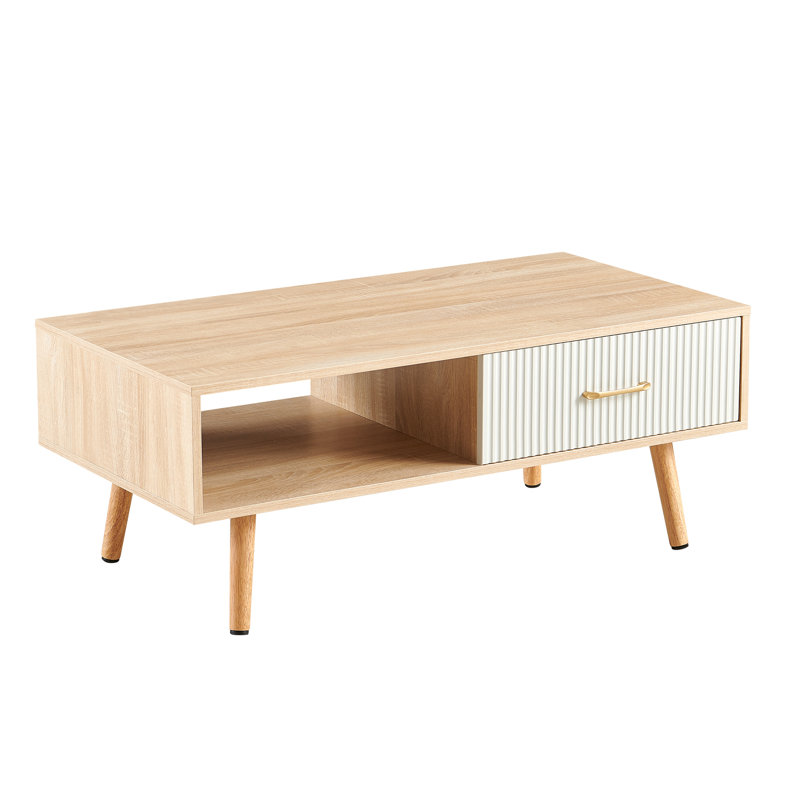 Table basse rectangulaire avec pieds, tiroir coulissant pour le rangement, table moderne pour le salon, bois naturel