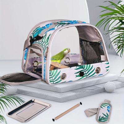 Portable Travel Bird Carrier Cage With Removable Tray, Stand Perch & Front Clear Window - Floral Print Design For Parakeets, Budgies, Cockatiels, Conures And Small Parrots