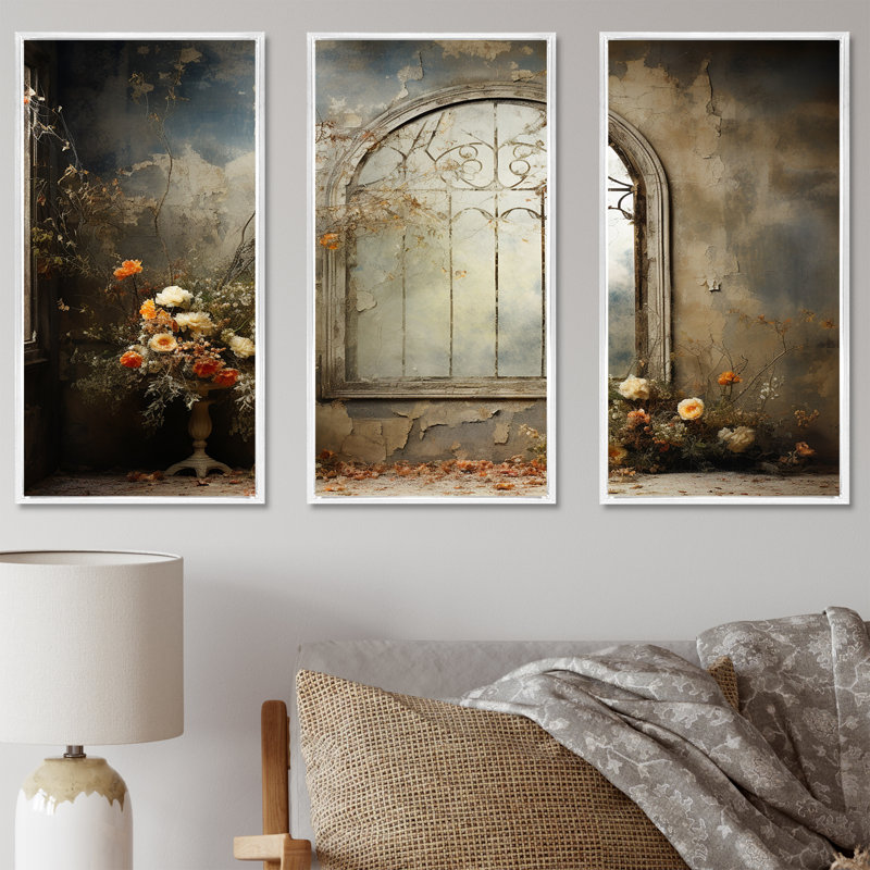 Haunt Floral Gothic Windows I - Floral Wall Art mural, H 40 po x l 60 po, Cadre flottant blanc