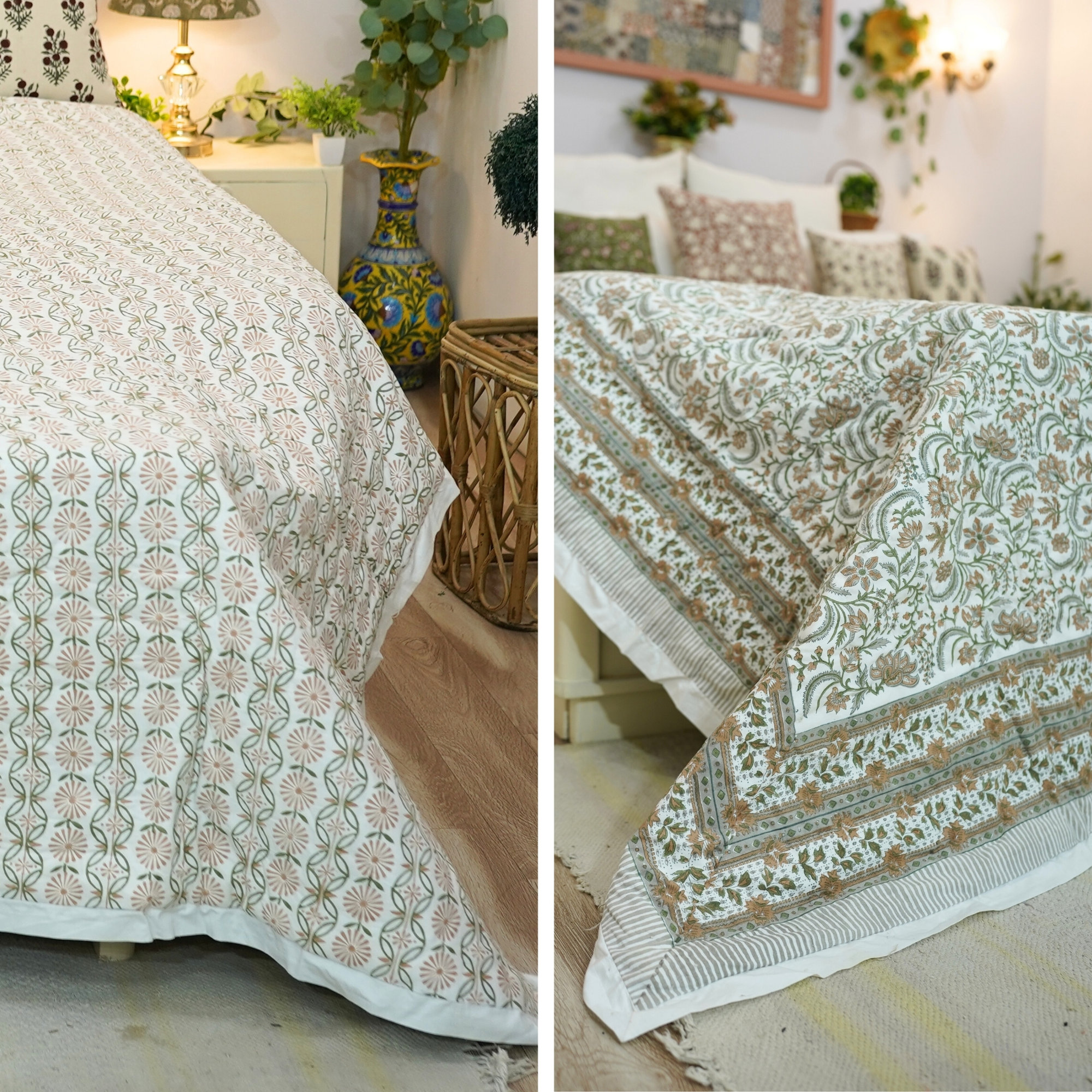Fabdivine Luxury Block Print Cotton Quilt Floral Boho Bedding for Bedroom & Sofa, Twin, Green/Gray