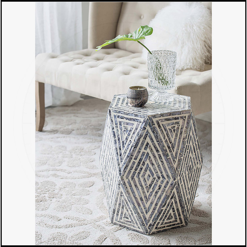Exquisite Hexagon Garden Stool with Capiz Inlay and Diamond Design, a Stylish and Functional Accent Piece