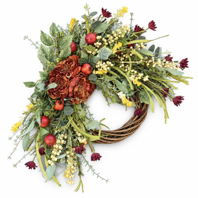 24" Artificial Fall Harvest Pomegranate Fruit Peony Floral Wreath for Front Door, Farmhouse Berry Foliage Autumn Thanksgiving Day Wall Decor