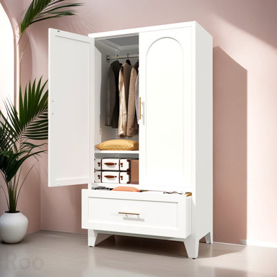 Armoire-penderie haute 60 po en métal avec 1 tiroir, tablette et tringle, finition blanche