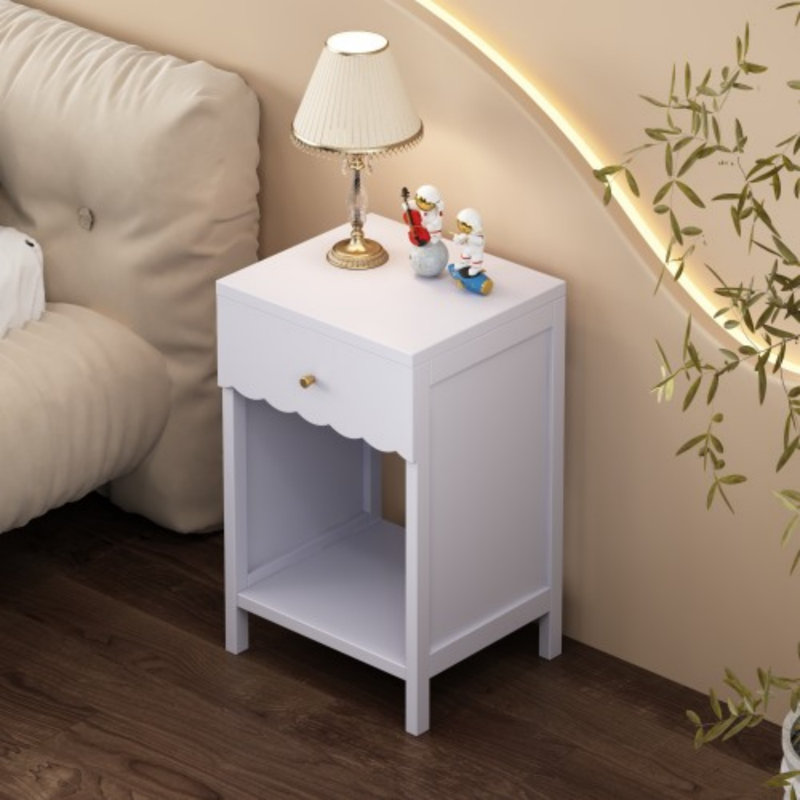 Modern Nightstand with Drawer and Open Shelf,Scalloped Edge Bedside Table for Bedroom, Light Purple,Lilac