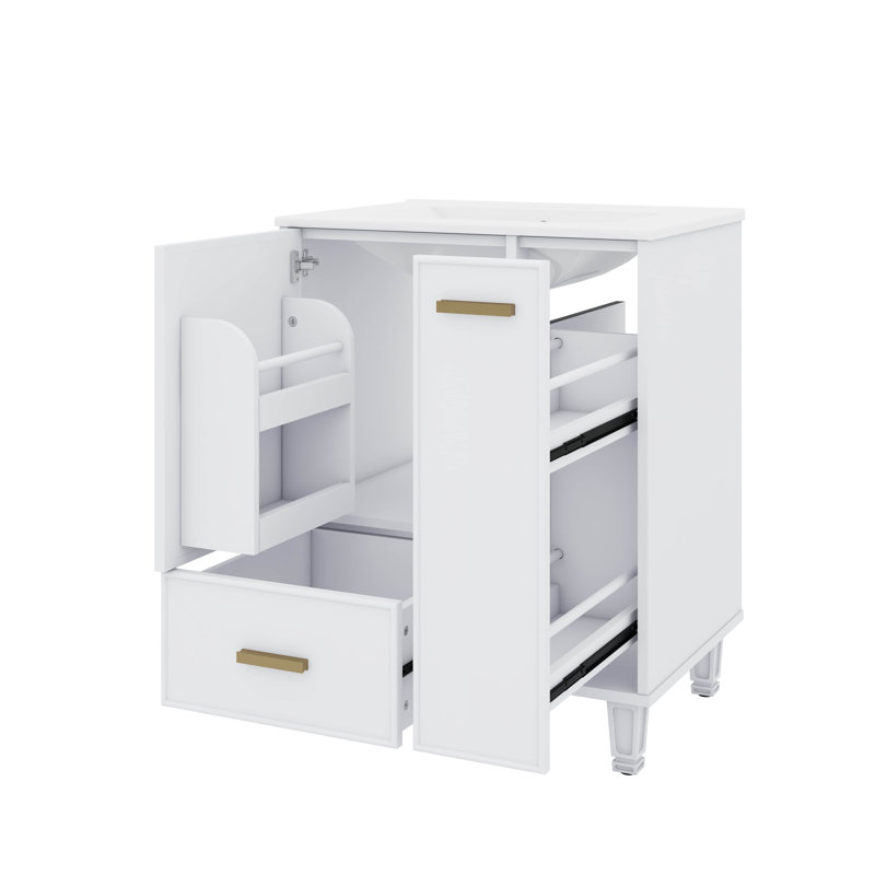 Meuble-lavabo de 24 po avec évier - offre un support de porte et un panier à deux niveaux, Blanc