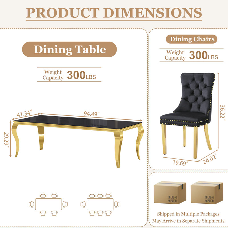 Large Dining Set, 9-Piece Modern 94" Black Tempered Glass Dining Table, 8 Velvet Chairs With Tufted Back And Nailhead Trim, Mirror Stainless Steel Legs