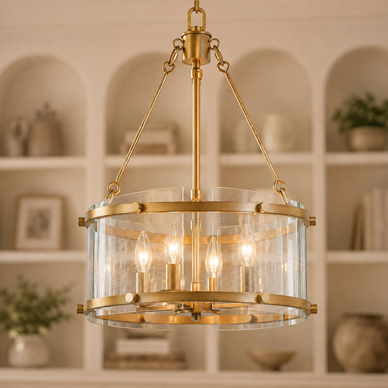 Demien 4-Light Farmhouse Drum Chandelier with Glass Panels