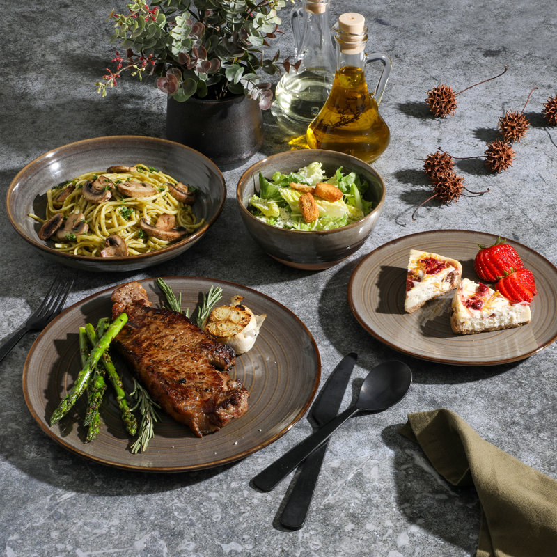 Gibson Elite 16 Piece Dreamweaver Double Bowl Terracotta Reactive Dinnerware Set, Earthy Brown