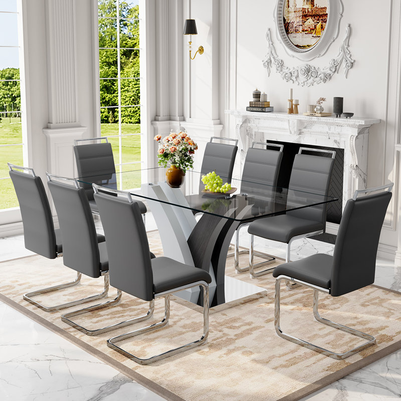 Modern Dining Table Set，Stylish Table with Comfortable Dining Chairs, 9 Pieces: Table, 8 Chairs, Grey