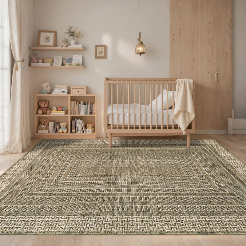Modern Machien Washable Rugs for Living Room Ultra-Soft Geometric Bordered Indoor Rug, Non Shedding Low Pile Bedroom Carpet, Contemporary Floor Mats for Nursery