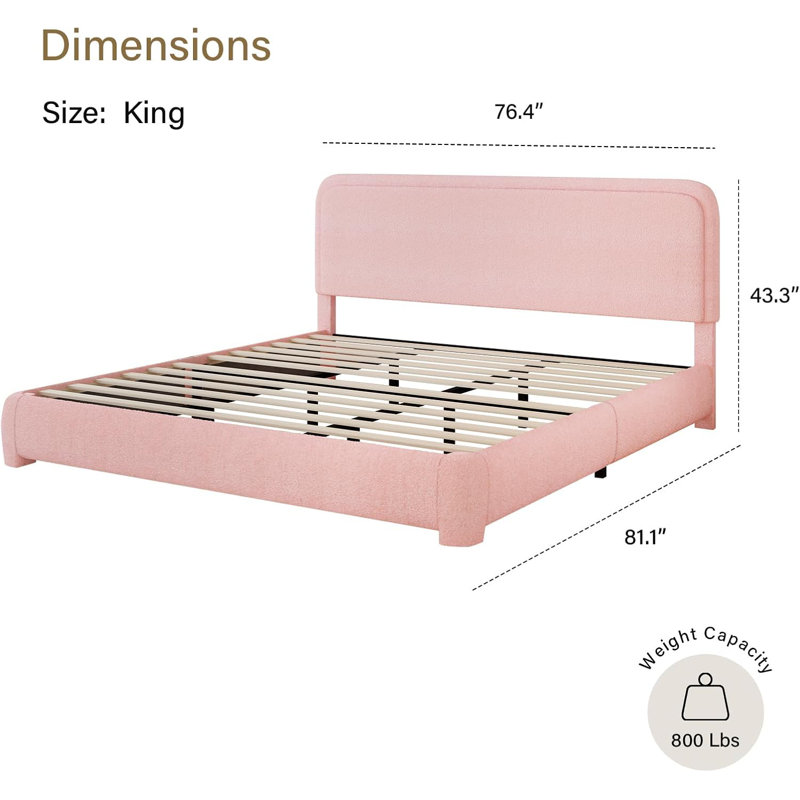 King Pink Boucle Upholstered Platform Bed Frame with Headboard