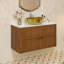 Ensemble de meuble-lavabo flottant simple 36 po avec lavabo en céramique dorée, bois massif brun, 2 tiroirs