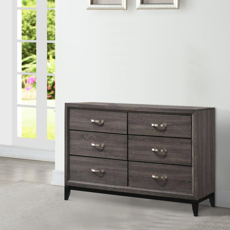 Transitional Style Dresser With 6 Drawers And Metal Pulls, Grey And Black