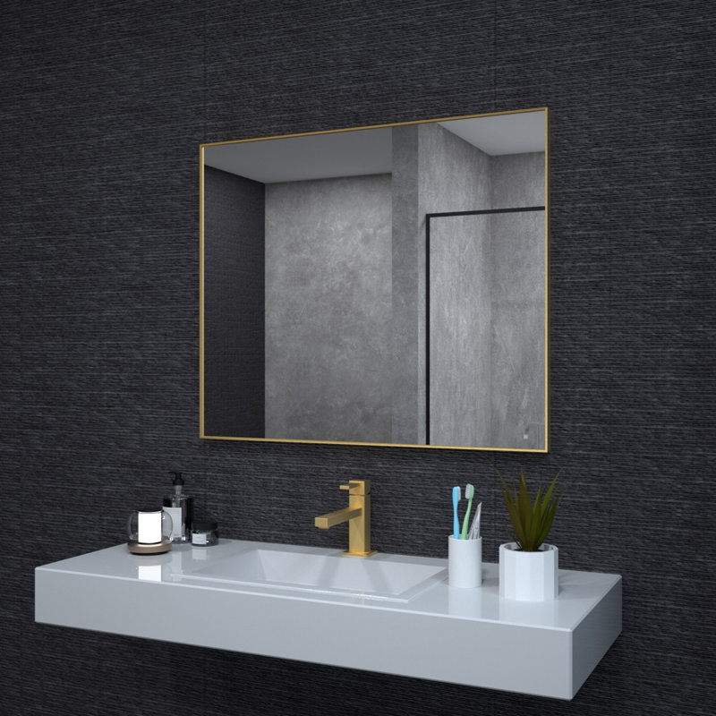Miroir de salle de bain rectangulaire en métal 1,3 "avec cadre en verre trempé, 30 po x 36 po, Or brossé