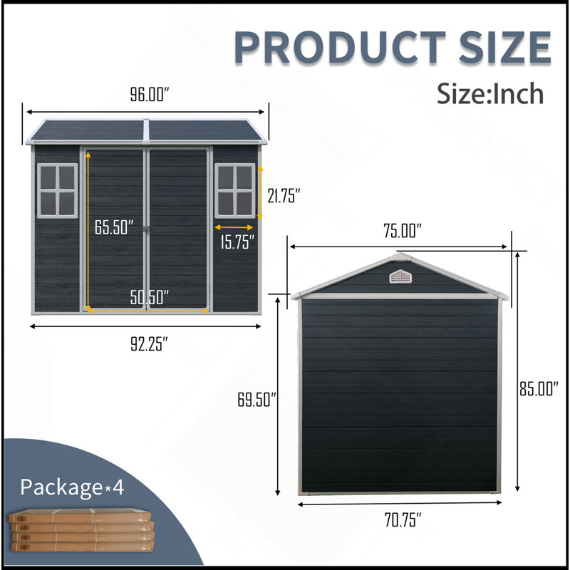 Remise de rangement extérieure en résine 8 x 6 pi imperméable avec plancher et deux fenêtres et porte verrouillable, remise à outils pour le jardin, le patio, la cour arrière
