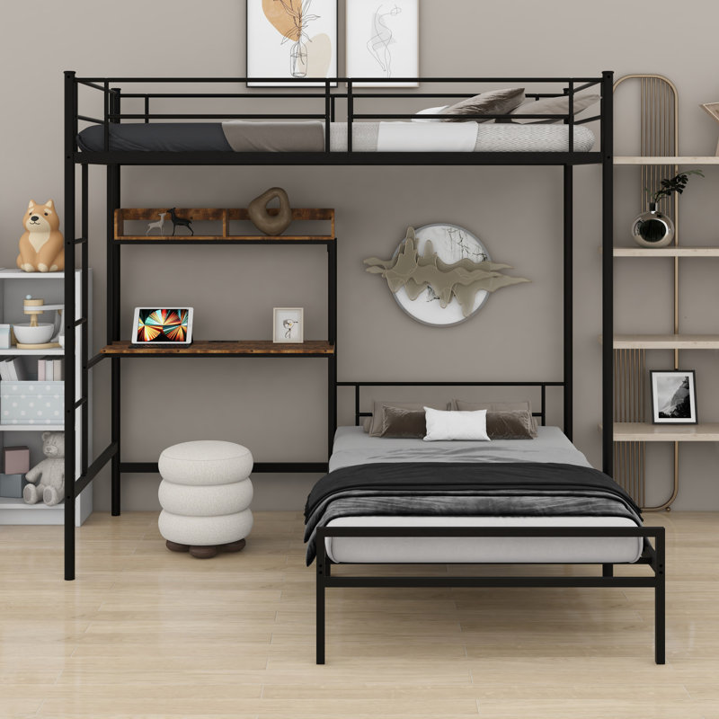 Lit superposé en L avec bureau, station de charge et tablettes de rangement