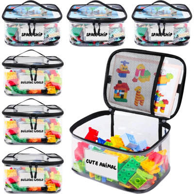 6 Pack Clear Toy Storage Bag With Name Tag& Manual Pocket, Waterproof Transparent PVC Toy Organizer Case For Lego Bricks, Board Games, Building Blocks, Puzzles