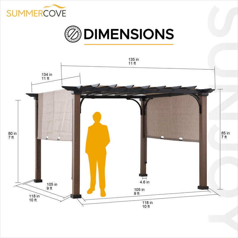 Sunjoy Mesquiter Outdoor Pergola 11 x 11 ft. Black Steel Pergolas with Retractable Tan Sun Shade Canopy for Patio, Backyard,