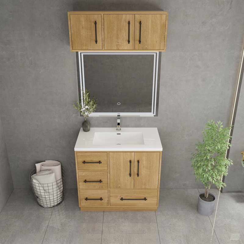 Meuble-lavabo autoportant de 36 po avec lavabo en acrylique renforcé Victoria (côté gauche) et armoire supérieure Victoria