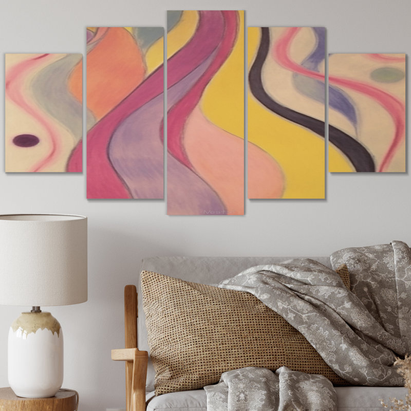 «Shadow Dance» jaune et rose, Illustration rétro I, reproduction d'art sur toile abstraite - 5 panneaux