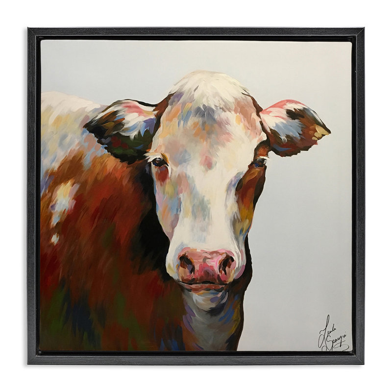 «Bessie Modern Cow Portrait Floater», art mural par Linda Sperruche, H 25 po x l 25 po, Cadre flottant noir de jais