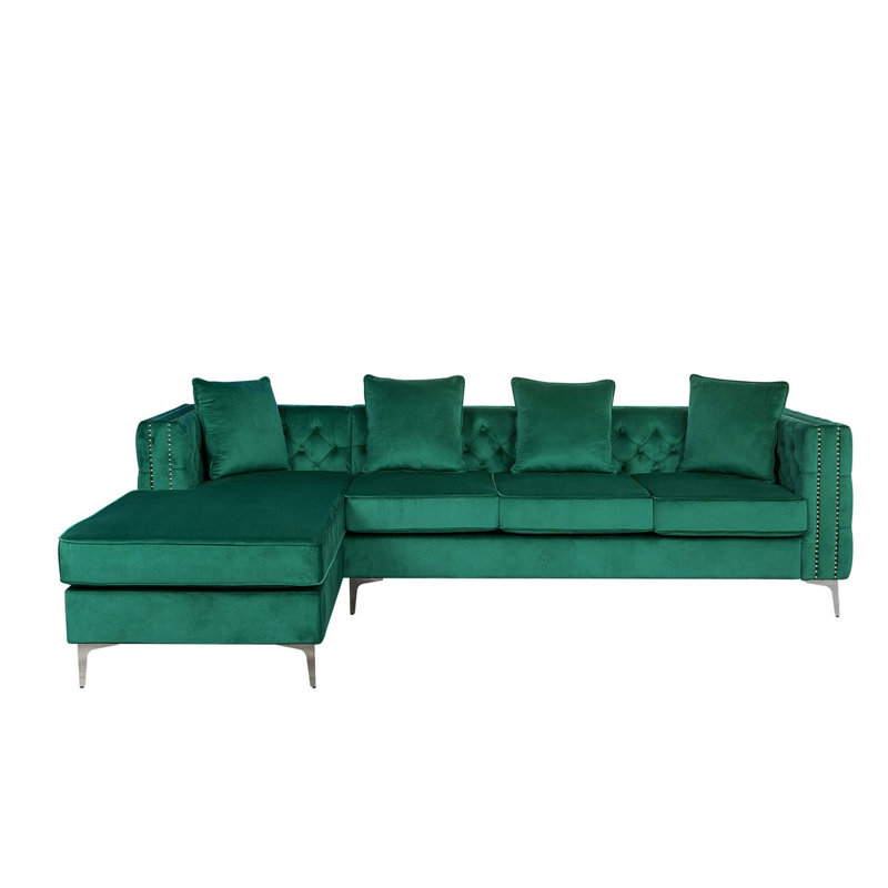 Velvet L-Shaped Sectional Reversible, Green Velvet
