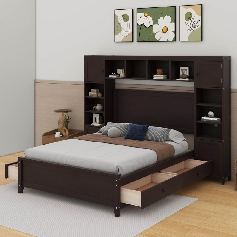 Lit double en bois avec armoire, Espresso