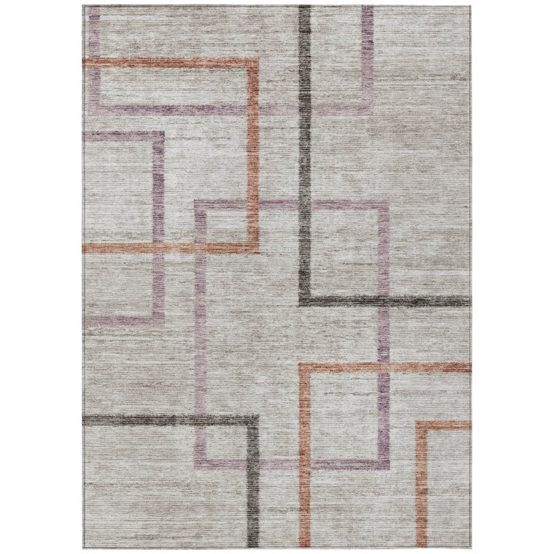 3' X 5' Taupe Charcoal And Copper Geometric Washable Indoor Outdoor Area Rug
