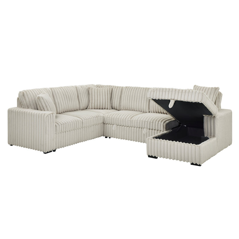 Shonita 122'' Square Arms Sectionl Sleeper Sofa U Shape Sectional Sofa with Pull Out Couch and Storage Chaise&USB Ports