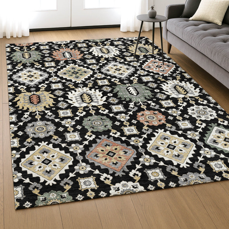 Premium Machine Washable Mayfield AMF2200 bohemian Rug, 3' x 5', Black