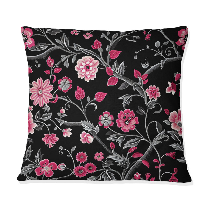 Coussin décoratif moderne à motif floral rose et vert, H 16 po x l 16 po