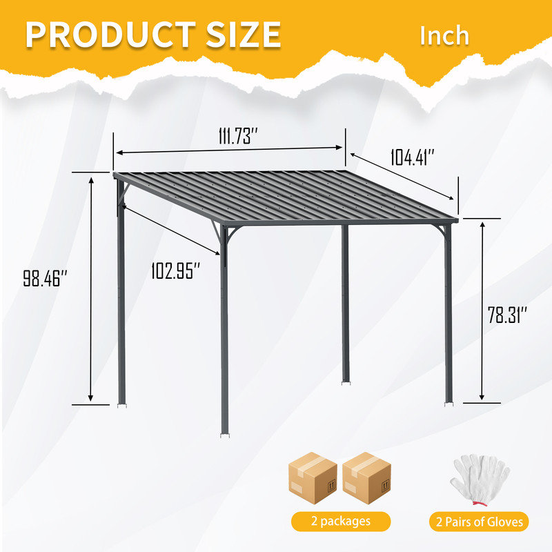 10' x 9' Wall-Mounted Galvanized Steel Lean-to Pergola with Sloped Waterproof Roof for Patio and Backyard