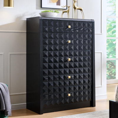 Modern 5 Drawer Dresser for Bedroom, Wooden Tall Dressers &Chests of Drawers w/Two Different Drawer Sizes, Mid Century Modern Dresser w/Diamond Panel
