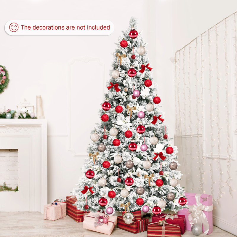 7-Foot Snow Flocked Pine Christmas Tree with White Berries and Flowers