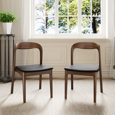 Modern Solid Wood Side Chairs (Set Of 2) Leather Upholstered Dining Chairs Walnut