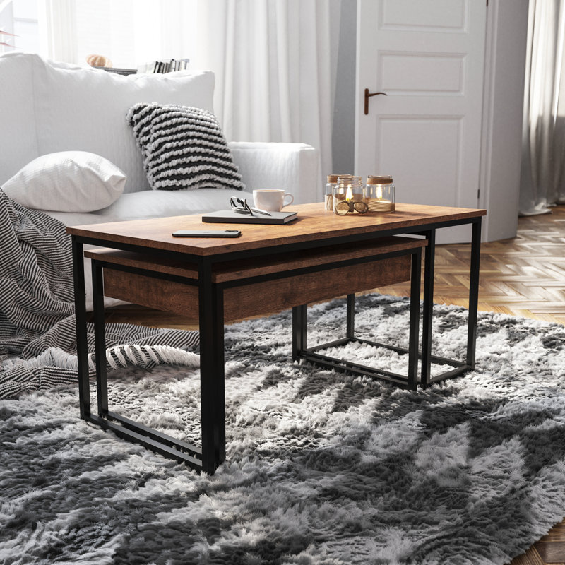 2 Piece Modern Nesting Coffee Table Set with Storage Drawer and Sled Base Metal Frames