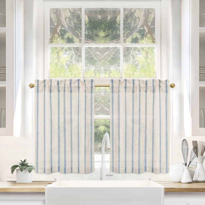Rideaux de cuisine Farmhouse, L 26 po x L 36 po, Rayures bleu marine / lin clair
