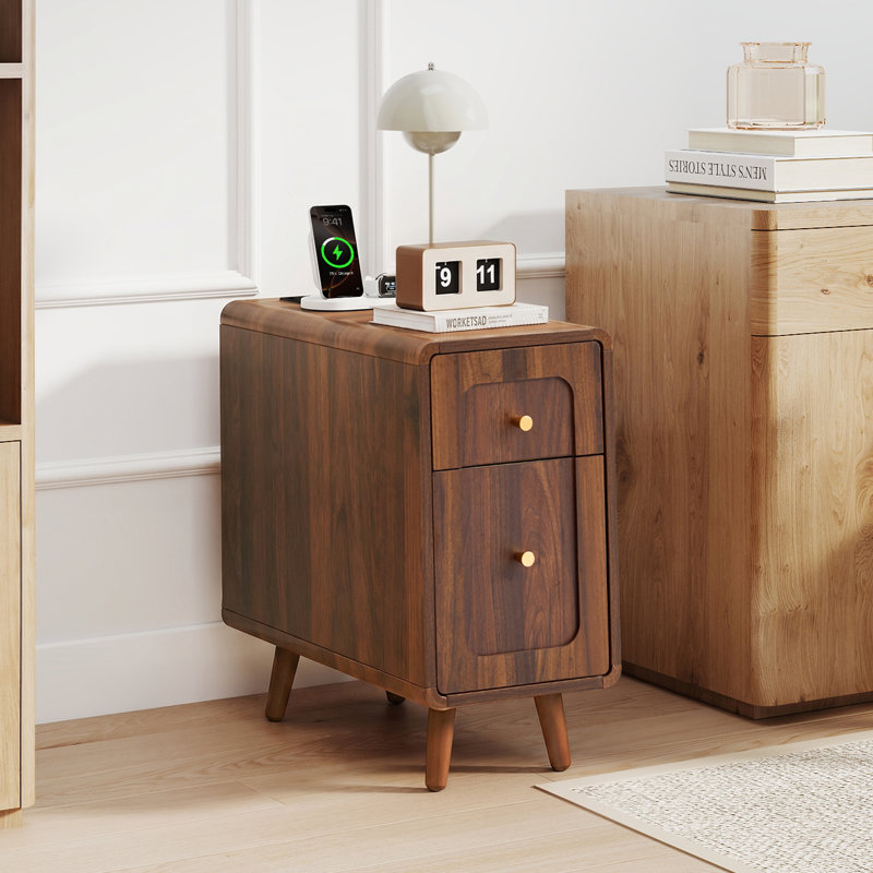 Narrow End Table With Charging Station, Brown