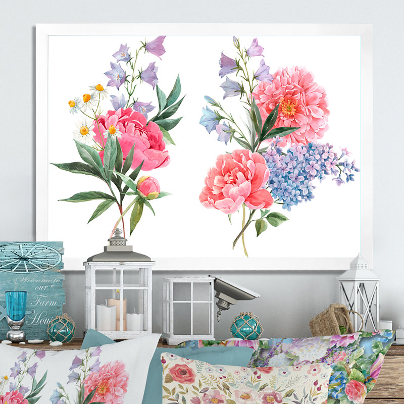 Bouquet de fleurs sauvages rouges et bleues - décoration murale en toile de ferme, Cadre d'angle fermé blanc