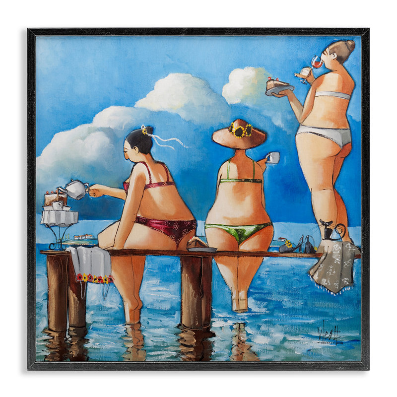 «Whimsical Summer Beach Lady» par Ronald West - peinture à cadre flottant sur bois, H 24 po x l 24 po x P 1,5 po